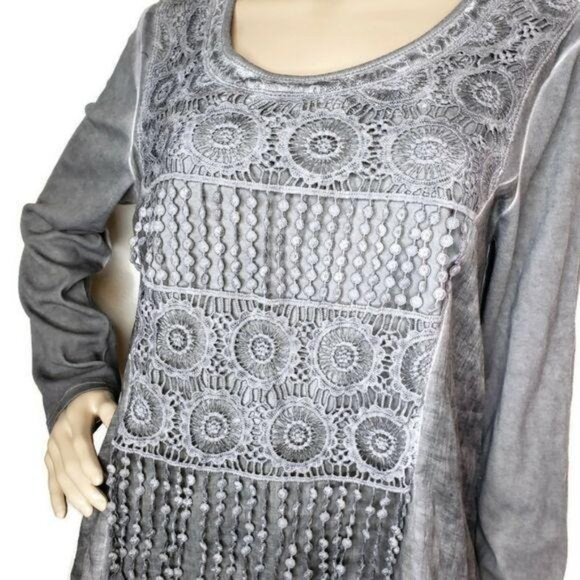 Cal Style Gray Long Sleeve Lace Tunic Top boho grey lace M - Picture 3 of 6